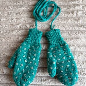 Teal Knit Mittens with White Polka Dots